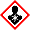 "Gevaarlijk op lange termijn" pictogram: vierkant op punt met rode rand met buste en symbool van cellulaire afbraak